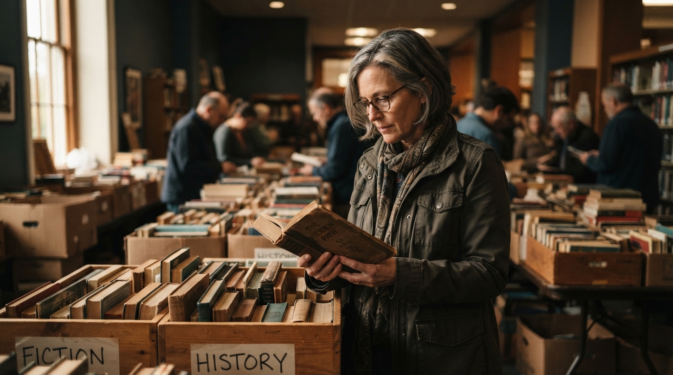 Editorial illustration for How to Find Hidden Gems at Your Local Library Book Sale